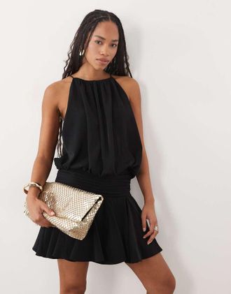Asos vestito corto svasato nero con collo alto e vita bassa
