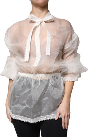 Dolce & Gabbana Womens White Ascot Collar Long Sleeves Blouse Top Silk Cotton