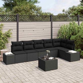 vidaXL Vidaxl - Conjunto De Sof&aacute; De Jard&iacute;n Con Coj&iacute;n 7 Pcs Negro Polirat&aacute;n