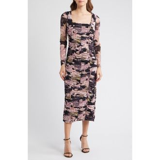 Anne Klein Floral Long Sleeve Ruched Midi Dress in Anne Black Multi at Nordstrom Rack, Size 12
