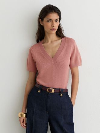 Reiss Pink Cotton-wool Knit V-neck Top, XL