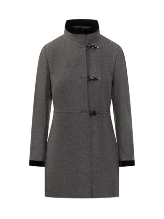 Fay Grey Solid Mandarin Collar Trench Coat