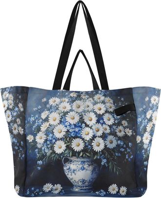Generic Flowers White Vase print Reusable Canvas Tote Bag, Heavy Duty Grocery Shopping Bag with Double Handles Hard Bottom Large Capacity Work Groceries Trave