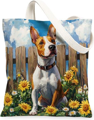 Generic Spring Bull Terrier Dog Canvas Tote Bag for Shopping 13x15, Sunflower Fence Puppy Reusable Grocery Print Bag for Women, Farmhouse Pet Beach Aesthetic 