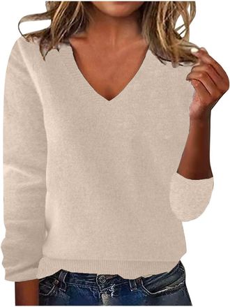 Generic Ladies Jumpers Size 16, Womens Jumpers Cashmere Jumper Sweaters for Women UK Slim Fit Long Sleeve Tops Clothing Fashion Solid Color Knit Sweatshirts P
