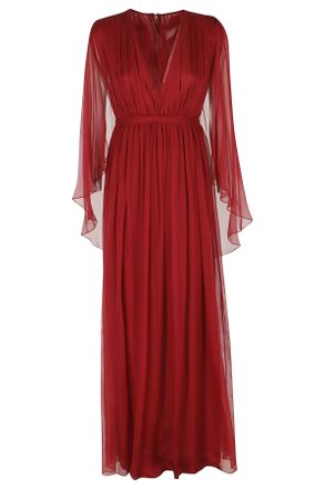 Alberta Ferretti Red Silk Chiffon V-Neck Pleated Silk Dress