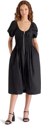 Steve Madden Liora Midi Dress Womens Black Cotton Smocked Puff Sleeve PALL38
