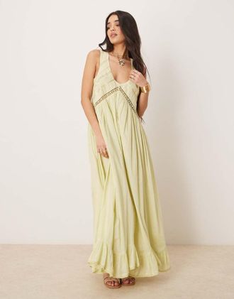 Asos handkerchief hem maxi sundress with scoop neck in washed lime-Green