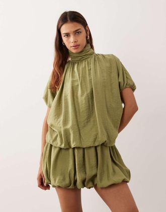 Asos Vestito corto accollato color salvia con fondo a palloncino-Verde