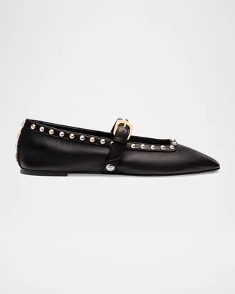 Stuart Weitzman Perry Studded Leather Mary Jane Ballerina Flats