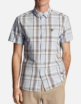 Lyle & Scott Mens Lyle & Scott Linen Check Short Sleeve Light Blue Shirt - Size: 42/Regular