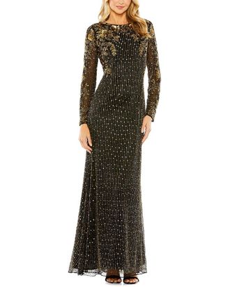 Mac Duggal High Neck Long Sleeve Embellished Mesh Gown