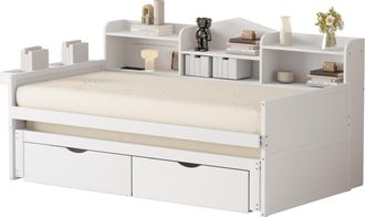 STILVORA Cama Nido 90 X 200 Cm Y 90 X 190 Cm De Madera Con 2 Cajones, Estantes, Puerto Usb, Sin Colch&oacute;n, Blanco
