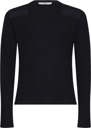 Fendi Trui met ronde hals en schouderpatches van ribgebreid materiaal - Heren - Ronde hals truien - Blauw - L - Wol - Truien & Vesten