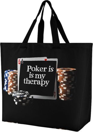 Generic Poker Is My Therapy Large Reusable Shopping Bag Lightweight Foldable Tote Bags Washable Shoulder Handbag