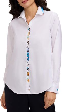 Foxcroft Charlie Floral Trim Cotton Blend Button-Up Shirt in White at Nordstrom, Size 14