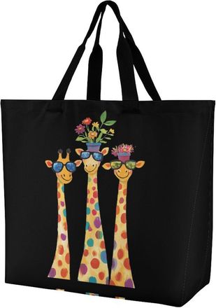 Generic Giraffe Family Reusable Shopping Bags One Shoulder Grocery Tote Bag Waterproof Big Purse for Work Travel