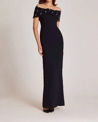Teri Jon Crepe Off The Shoulder Jewel Trim Portrait Column Gown In Black