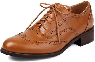 Generic Womens Multicolor Oxford Brogue Shoes Retro Wingtip Lace-Up Design with Chunky Low Heel PU Leather Round Toe Classic British Style Everyday Oxfords,Ye