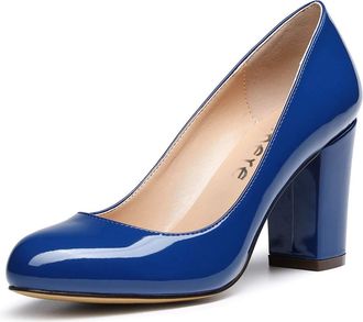 Castamere High Heels Womens Block Heels Round Toe Slip-On Court Shoes 3.2 in Heeled Patent Navy Pumps UK 6