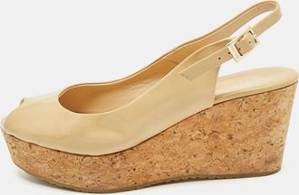 Jimmy Choo London Beige Patent Leather Cork Platform Wedge Slingback Pumps