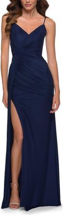 La Femme Long Net Jersey Prom Gown with Ruching and Slit in Navy at Nordstrom, Size 16