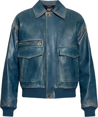 Versace Giacca in pelle con zip - Blu