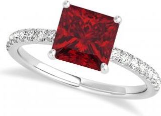 Allurez Princess Ruby & Diamond Single Row Hidden Halo Engagement Ring 18k White Gold (0.81ct)