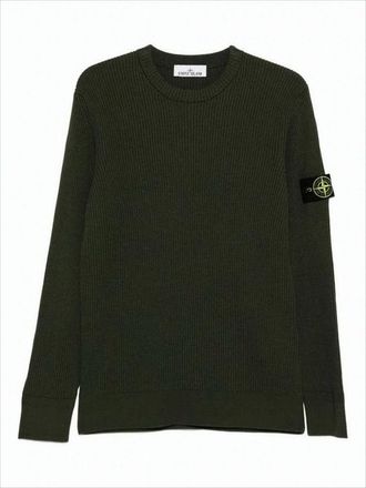 Stone Island Ribbed Knit Wool Sweater With Iconic Patch Logo