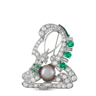 Luxury Bazaar 14K White Gold 2.70ct Diamond, Pearl, and Emerald Brooch MF21-070126