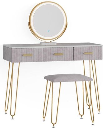 Vicco Tavolo da toeletta Layla, Grigio, 100 cm con illuminazione led e sgabello Vicco