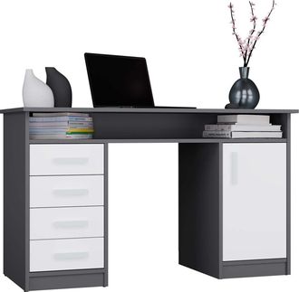 Topeshop Ada - Escritorio - 4 Cajones Con Armario Y Estantes - 125x55x75 Cm - Blanco / Antracita