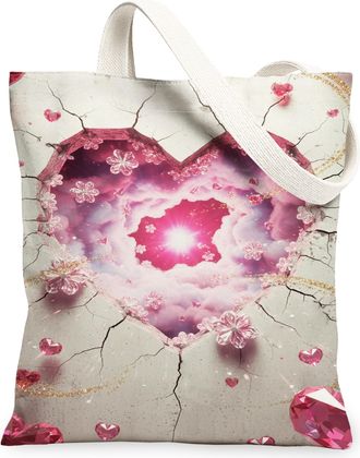 Generic Heart Floral Canvas Tote Bags, Flower Gem Pattern Reusable Grocery Bags, Spring Vintage Lightweight Washable Shoulder Strap, Peach, 13x15 Inch