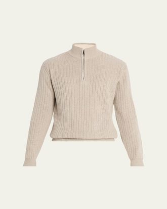 Fioroni Cashmere Mens Ribbed-Knit Cotton Half-Zip Sweater