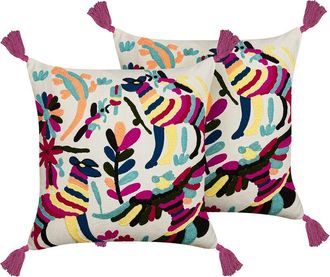 Beliani Conjunto De 2 Cojines De Algod&oacute;n Blanco Rosa Amarillo 50 X 50 Cm Lana Raiganj