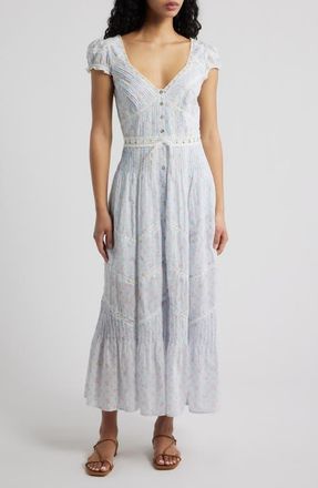 LoveShackFancy Aurela Lace Trim Pintuck Tiered Maxi Dress in Chapparal Blue at Nordstrom, Size 6