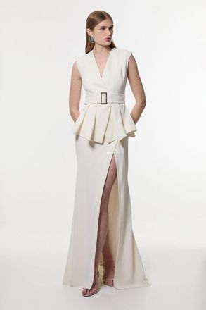 Karen Millen Womens Soft Tailored Belted Peplum Maxi Dress - White - Size 6 UK