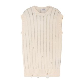 Laneus Sleeveless Knitwear, male, Beige, Size: XL Crew-neck Sleeveless Distressed Knit