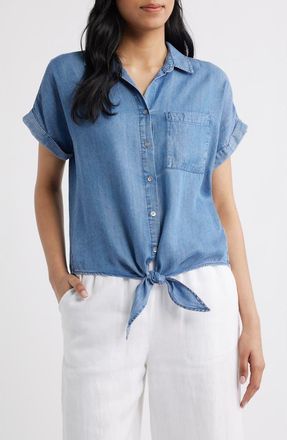 Beach Lunch Lounge Romi Tie Front Denim Shirt in Medium Wash at Nordstrom, Size X-Large