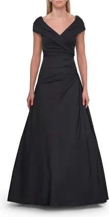 La Femme Off-the-Shoulder Stretch Taffeta A-Line Gown in Black at Nordstrom, Size 12