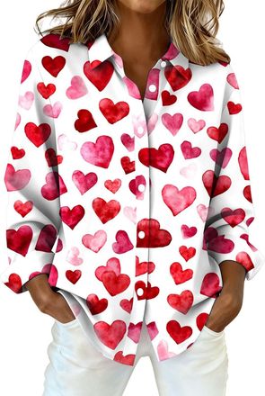 Generic Valentines Gifts for Her: Valentines Day Blouses for Women Elegant Heart Prints Turn Down Collar Button Down Shirts Tops 1 (Red, XXL)