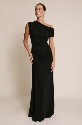 Six Stories Slash Neck Draped Bridesmaid Dress in Black at Nordstrom, Size 4