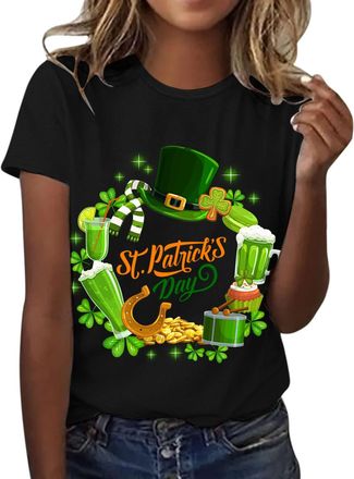 Generic Womens St. Patricks Day T-Shirt Irish Shamrocks Clovers Gnomes Printed Casual Festival Green Tops Short Sleeve Round Neck Spring Summer Tee Costume fo