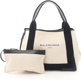 Balenciaga Black Ivory Navy Canvas Leather Tote Bag (Pre-Owned)
