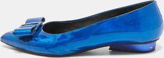 Ferragamo Metallic Blue Patent Leather Viva Bow Ballet Flats