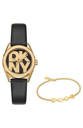 DKNY Logo Collection Leather Strap Watch & Bracelet Set, 28mm in Black at Nordstrom
