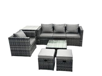Fimous 6 Seater Patio Lounge Sofa Set with Side Table 2 Small Footstools in Dark Grey