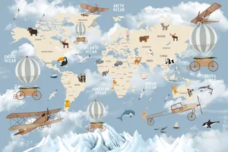 OEM Carta Da Parati Fotografica Per Bambini Con Mappa Del Mondo, Aerei E Animali Dwk291 200x135