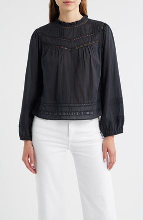 Rails Reyna Lace Inset Cotton Peasant Top in Black at Nordstrom, Size Xx-Small