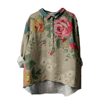 Generic Blouse Shirt for Women Girl 2024 Casual Tops New Flower Pattern Printed Womens Lapel Neck Casual Cotton and Linen Long Sleeve Shirt Short Sleeve Women